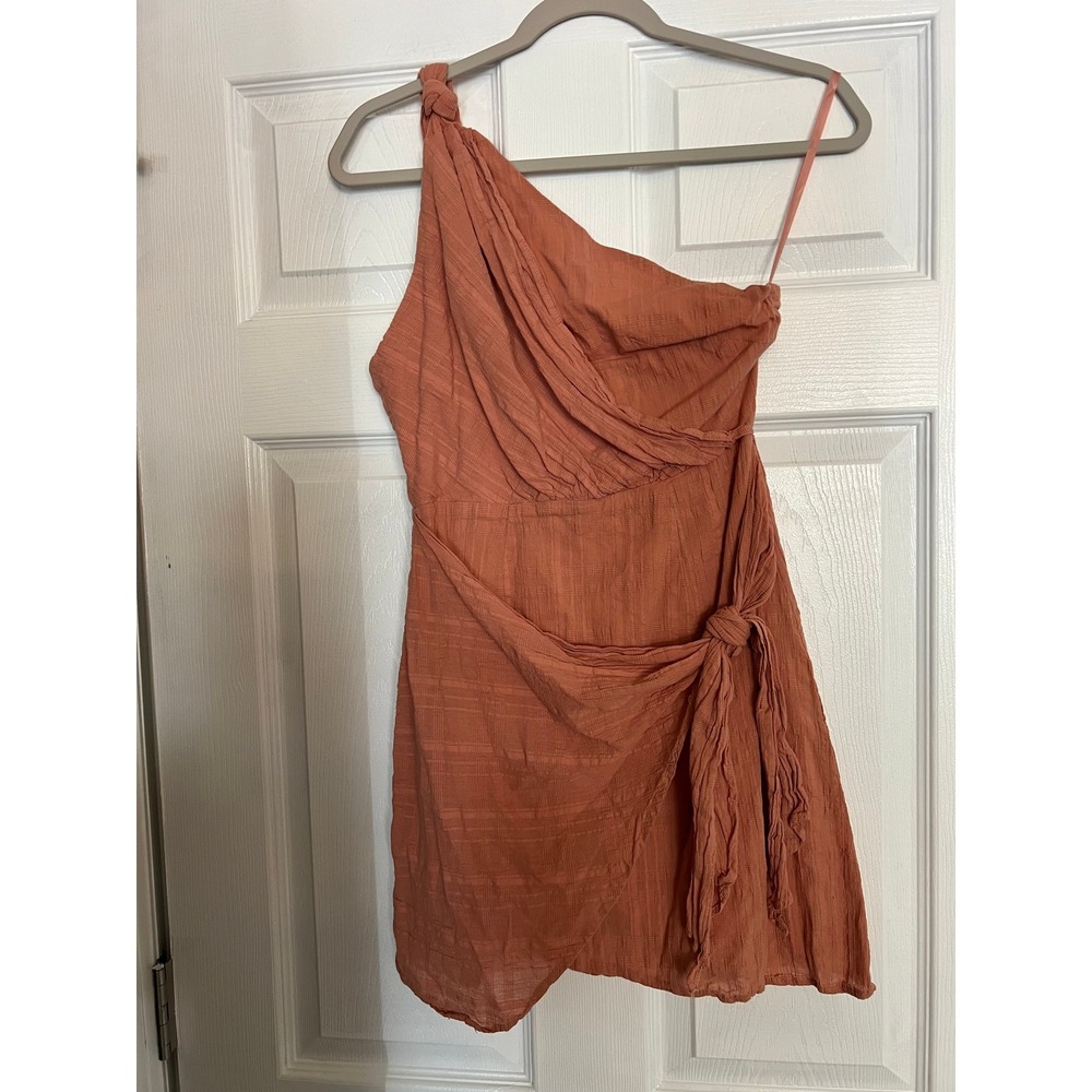 Hello Molly Mini Dress 100% Cotton Terracotta One Shoulder Wrap Boho S US 4